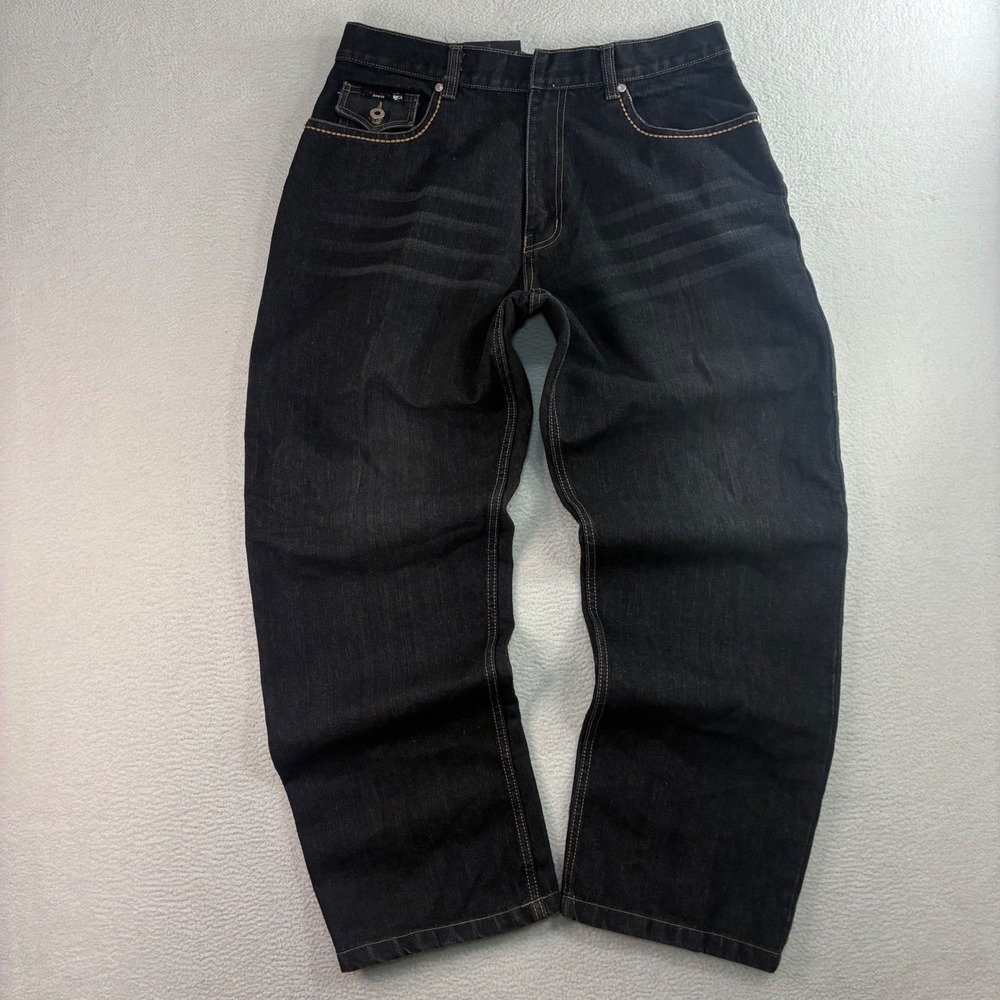Y2K Red Ape Baggy Jeans Men 36x32 Black Embroidered Loose Straight Relaxed NWT - Picture 3 of 8